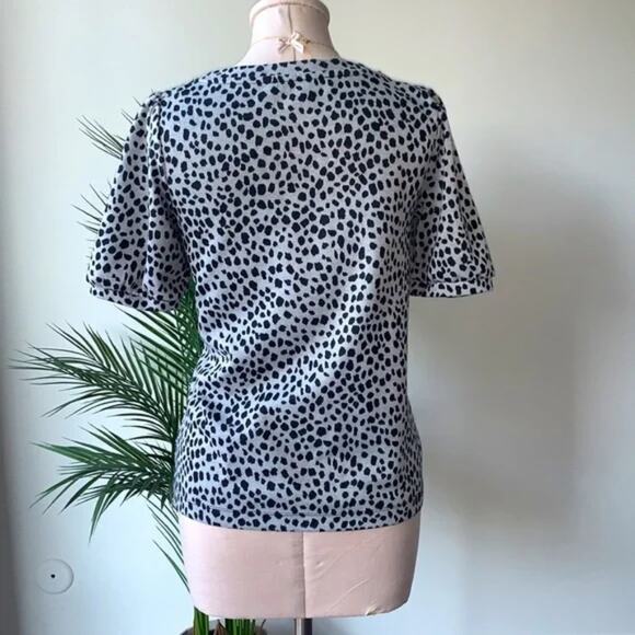 LOFT Dotted Print Knit Blouse Puff Sleeves Top Gray Casual Career Relaxed - Picture 4 of 7
